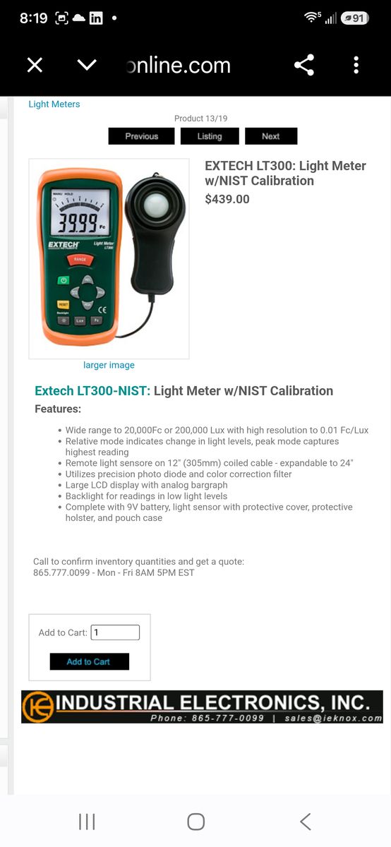 Extech LT300-NIST: Light Meter w/NIST Calibration Features