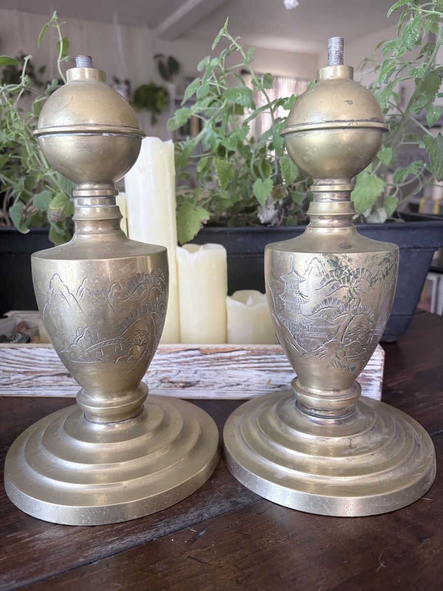 Vintage Brass Table Lamps – Matching Pair with Asian Landscape Engraving