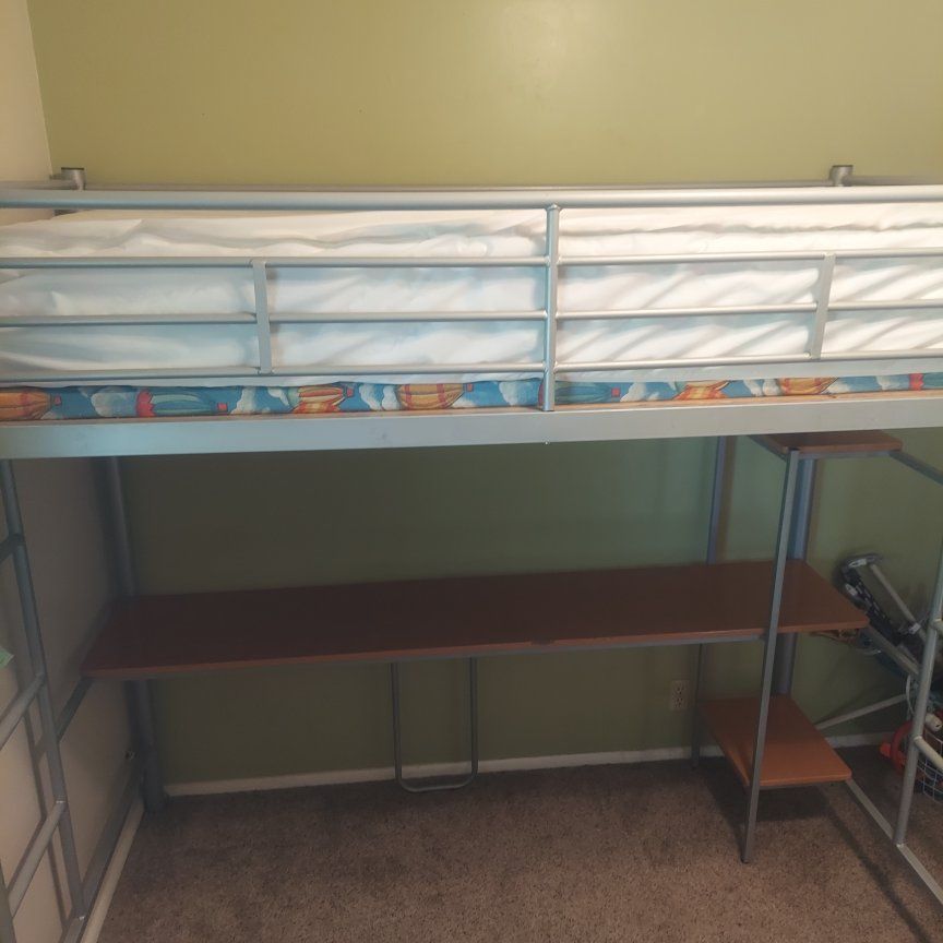 Loft Bed with Desk and Shelving - Silver Metal Frame, Space-Saving Design