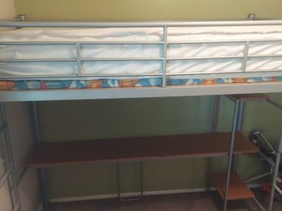 Loft Bed with Desk and Shelving - Silver Metal Frame, Space-Saving Design