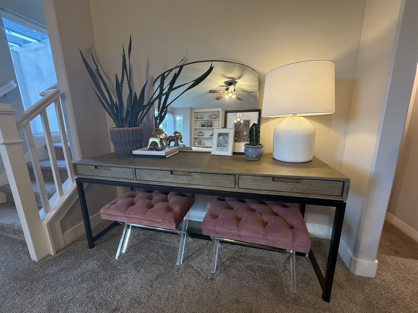 Modern Console Table with Three Drawers and Black Metal Frame