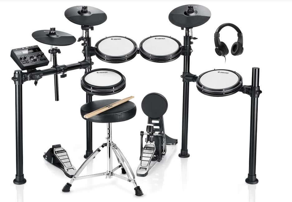 Donner DED-200 Electric Drum Sets with Quiet Mesh Drum Pads, 2 Cymbals w/Choke, 31 Kits and 450+ Sounds, Throne, Headphones