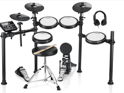 Donner DED-200 Electric Drum Sets with Quiet Mesh Drum Pads, 2 Cymbals w/Choke, 31 Kits and 450+ Sounds, Throne, Headphones