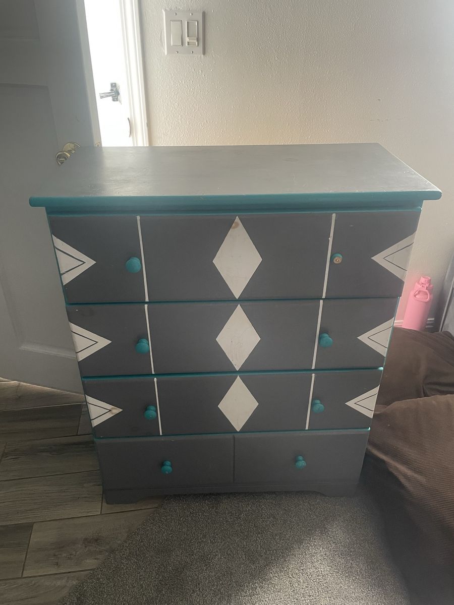 Hand-Painted Boho Chic Gray & Teal Dresser - 4 Drawer