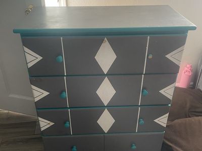Hand-Painted Boho Chic Gray & Teal Dresser - 4 Drawer