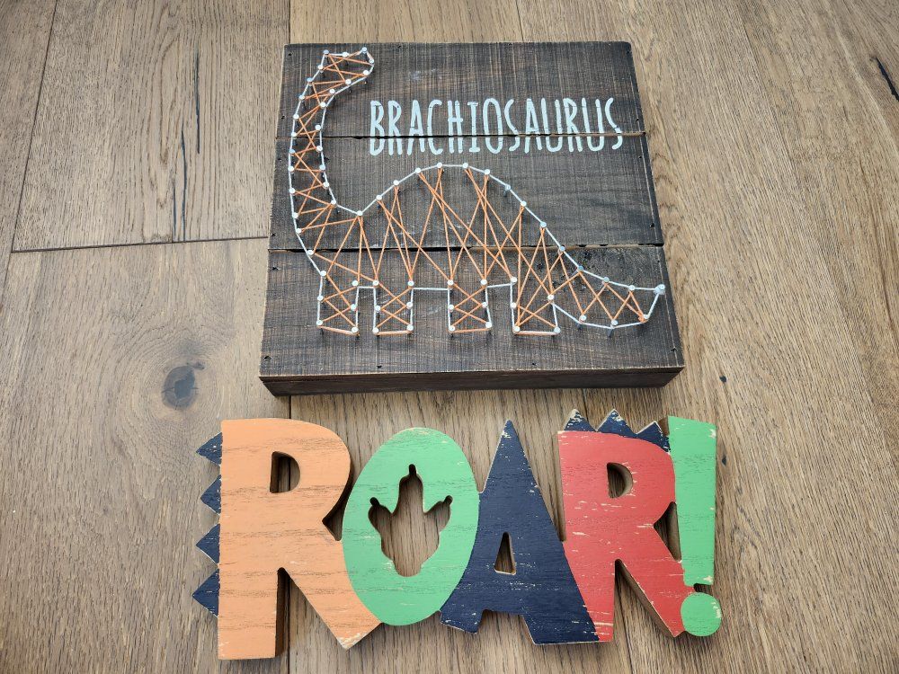 Dinosaur Wall Decor Set – String Art Brachiosaurus & ROAR Wood Sign, Kids Bedroom, Baby Nursery, or Playroom Decoration