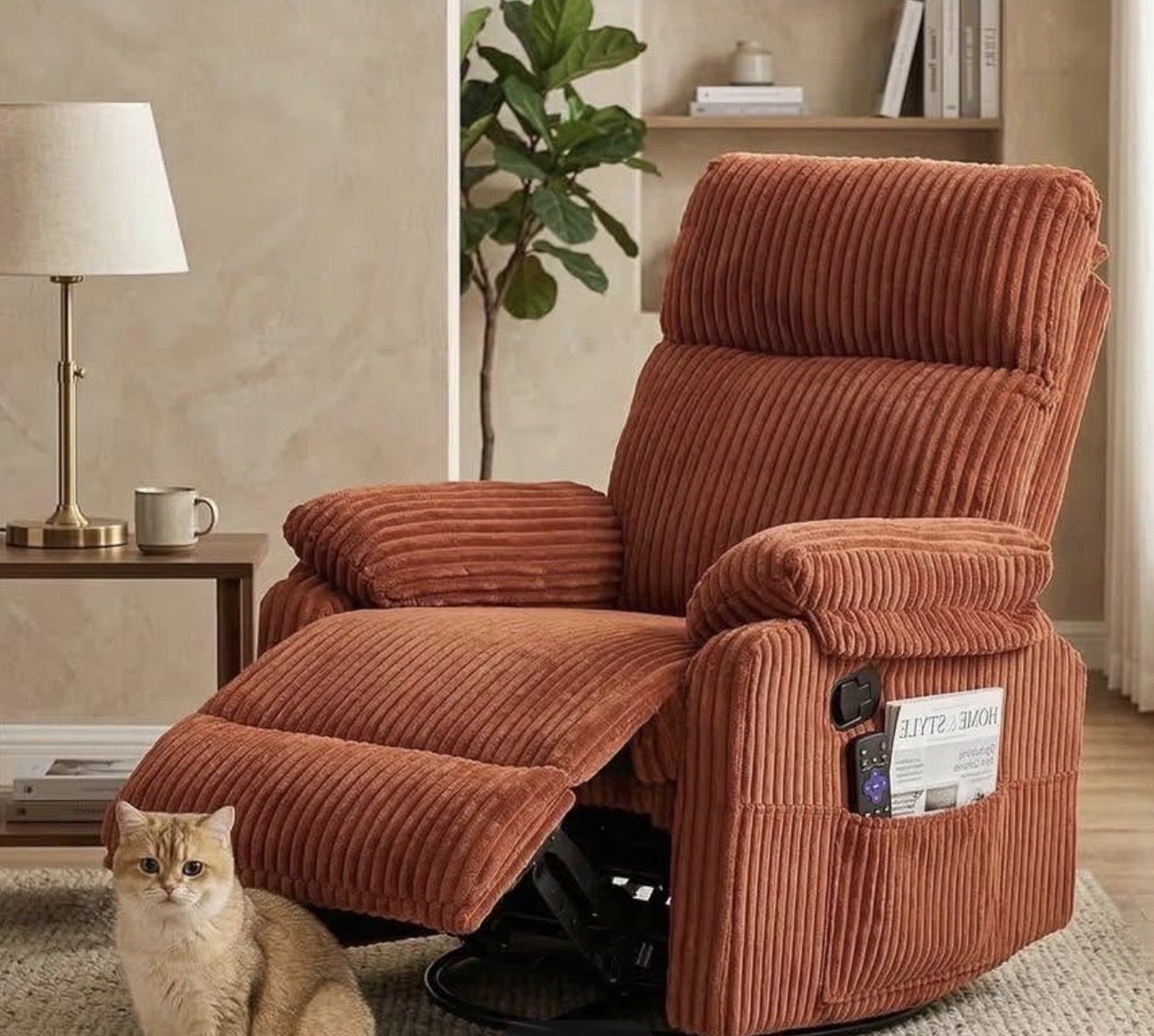 New R2562SG Orange Corduroy Recliner Chair with Swivel Base and 300lb Capacity