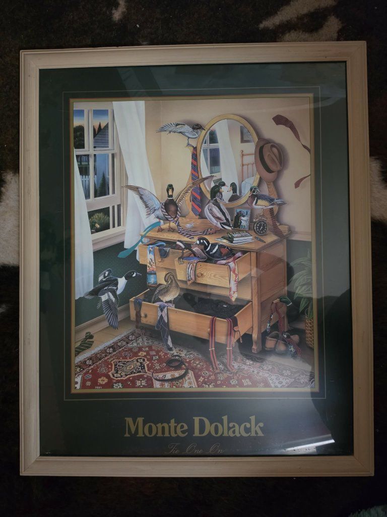 Vintage Monte Dolack Framed Art Prints - Tie One On & Suburban Refuge (Set of 2)
