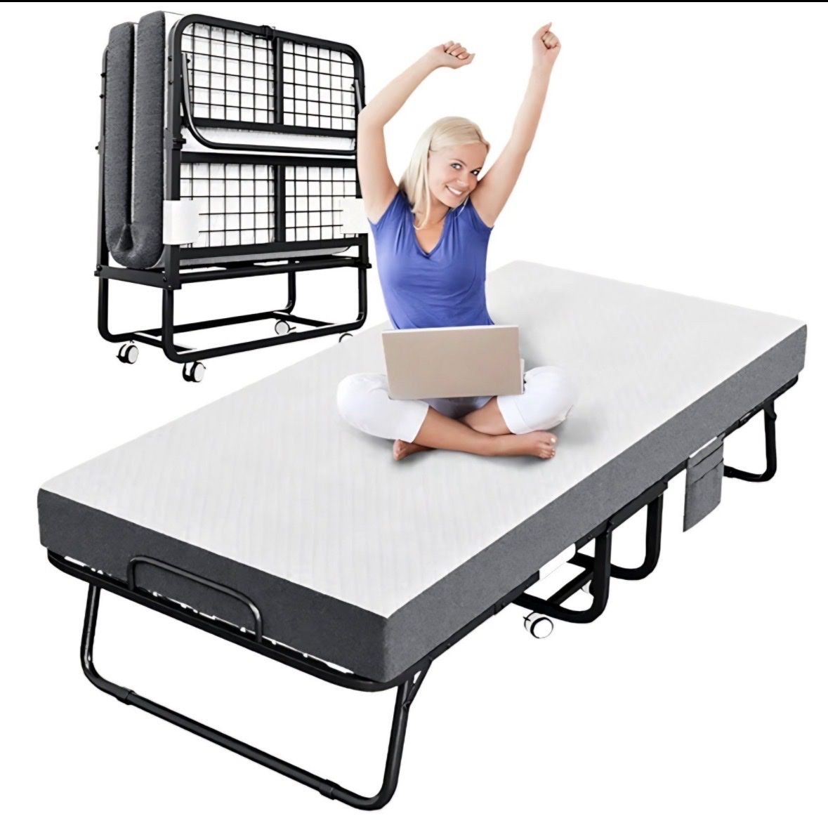 Folding Bed with Mattress, Portable Rollaway Bed for Adults - Foldable Cot Size Bed Frame with 5"