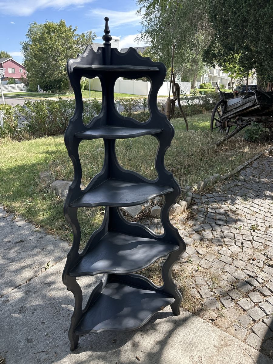 Lightweight portable 1890 antique walnut Wooden Corner Shelf Display Unit Knick knack shelf painted dark grey 5 feet tall