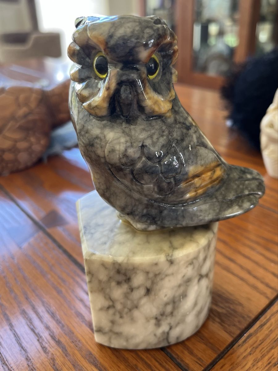 Vintage Genuine Hand Carved Alabaster Stone Owl Figurine on Marble Base Made in Italy.