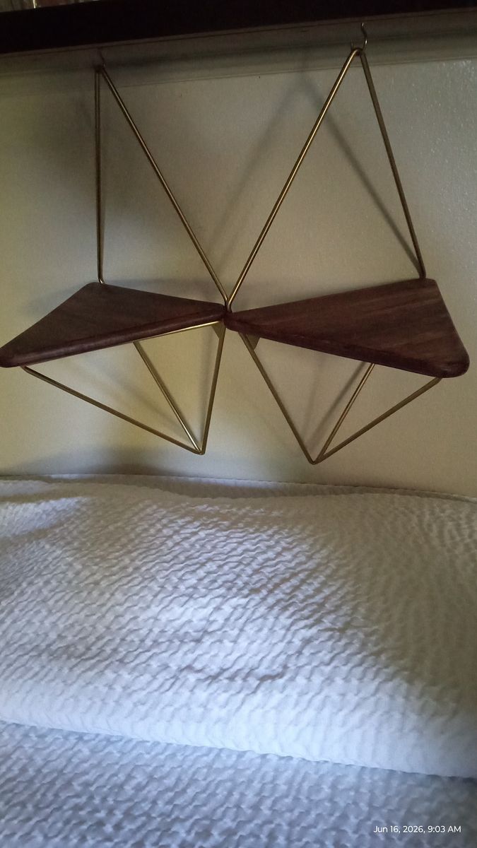 Geometric Wall Shelves (2-Pack) - Modern Wood & Gold Metal Floating Triangle Design, Max Load 40 lbs
