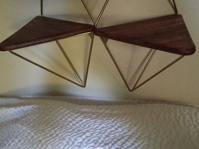 Geometric Wall Shelves (2-Pack) - Modern Wood & Gold Metal Floating Triangle Design, Max Load 40 lbs
