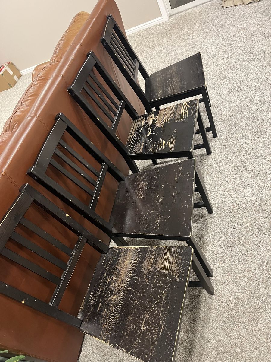 Set of 4 Used Black Wooden Dining Chairs - Rustic/Distressed Look