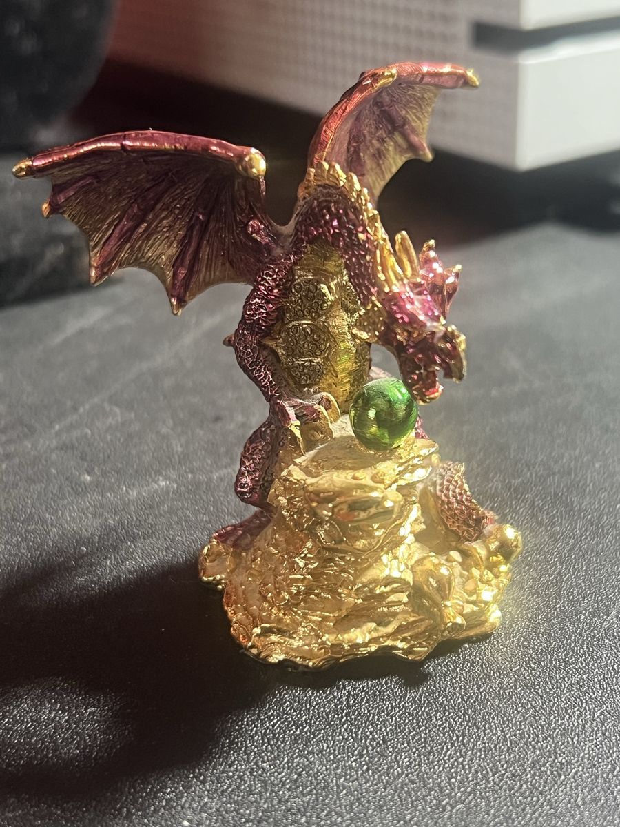Fantasy Dragon Figurine w/ Green Orb - Red & Gold