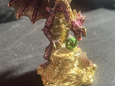 Fantasy Dragon Figurine w/ Green Orb - Red & Gold