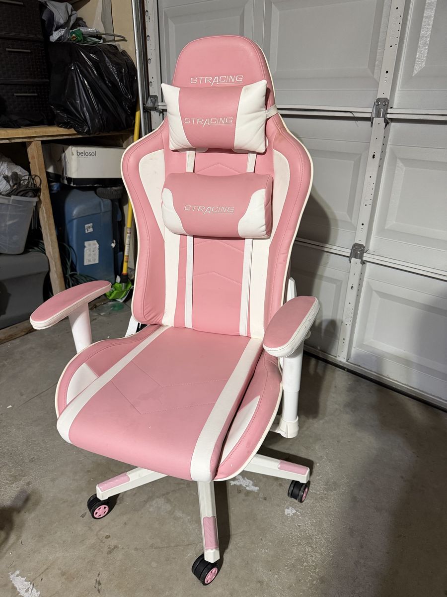 GTRACING Pink & White Gaming Chair with Lumbar & Headrest Support, Ergonomic Swivel Recliner