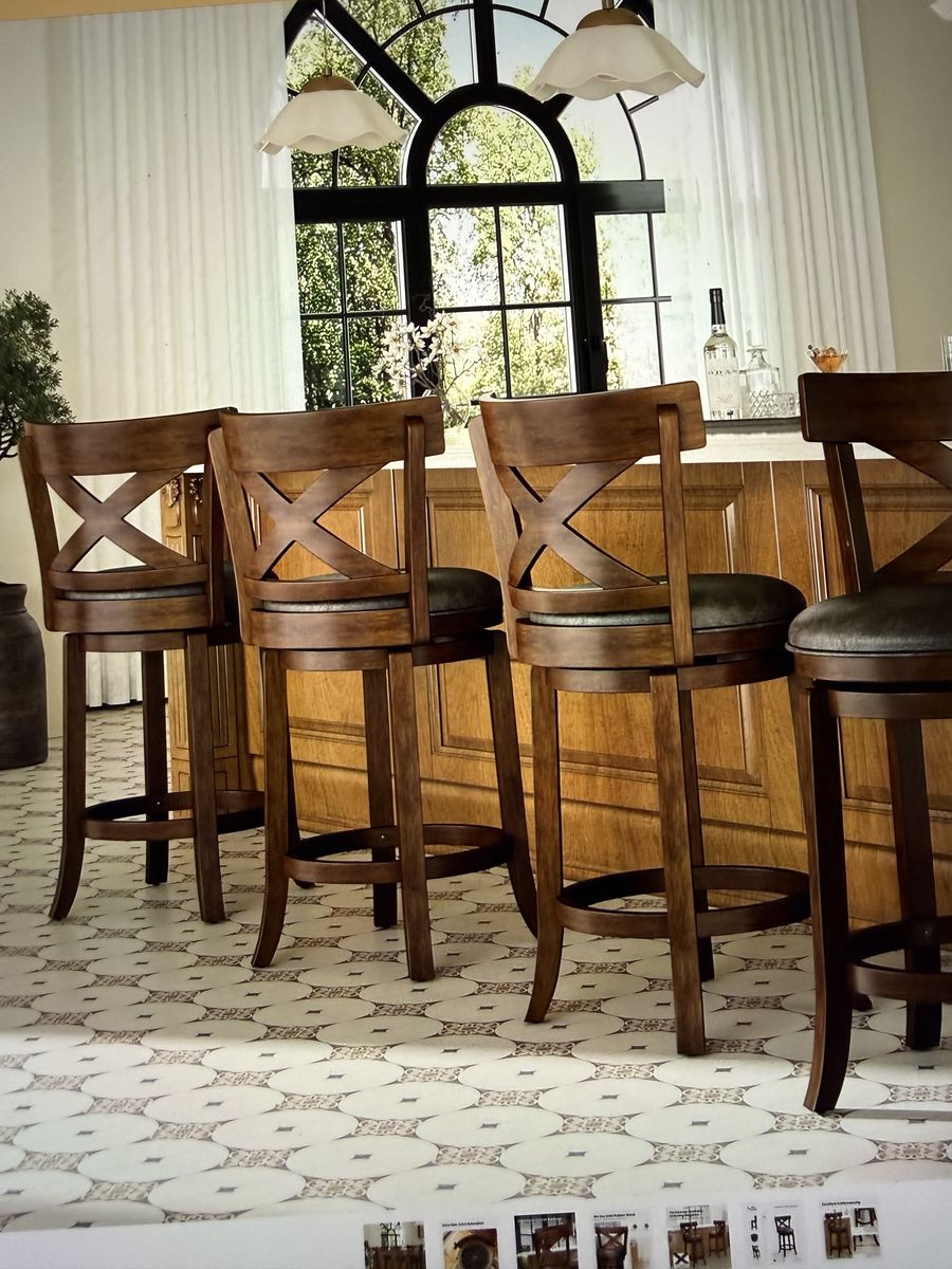 Set of 4 Swivel Bar Stools - Wooden Cross Back with Upholstered Seats (NIB)