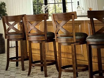 Set of 4 Swivel Bar Stools - Wooden Cross Back with Upholstered Seats (NIB)