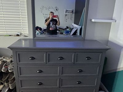Gray Dresser with Mirror - 9 Drawers, Modern Style
