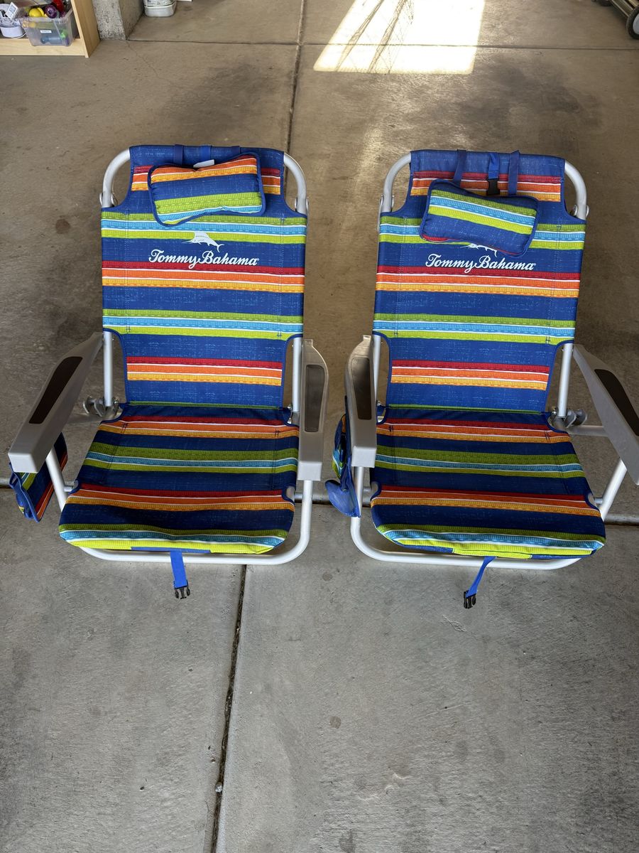 2 Tommy Bahama Striped Backpack Beach Chairs w/ Headrest & Pouch