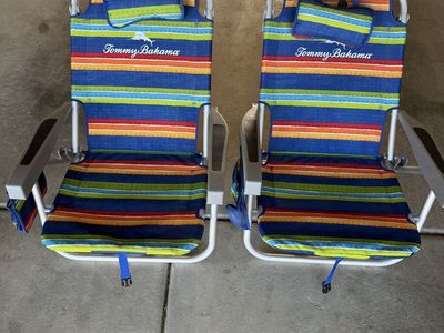 2 Tommy Bahama Striped Backpack Beach Chairs w/ Headrest & Pouch