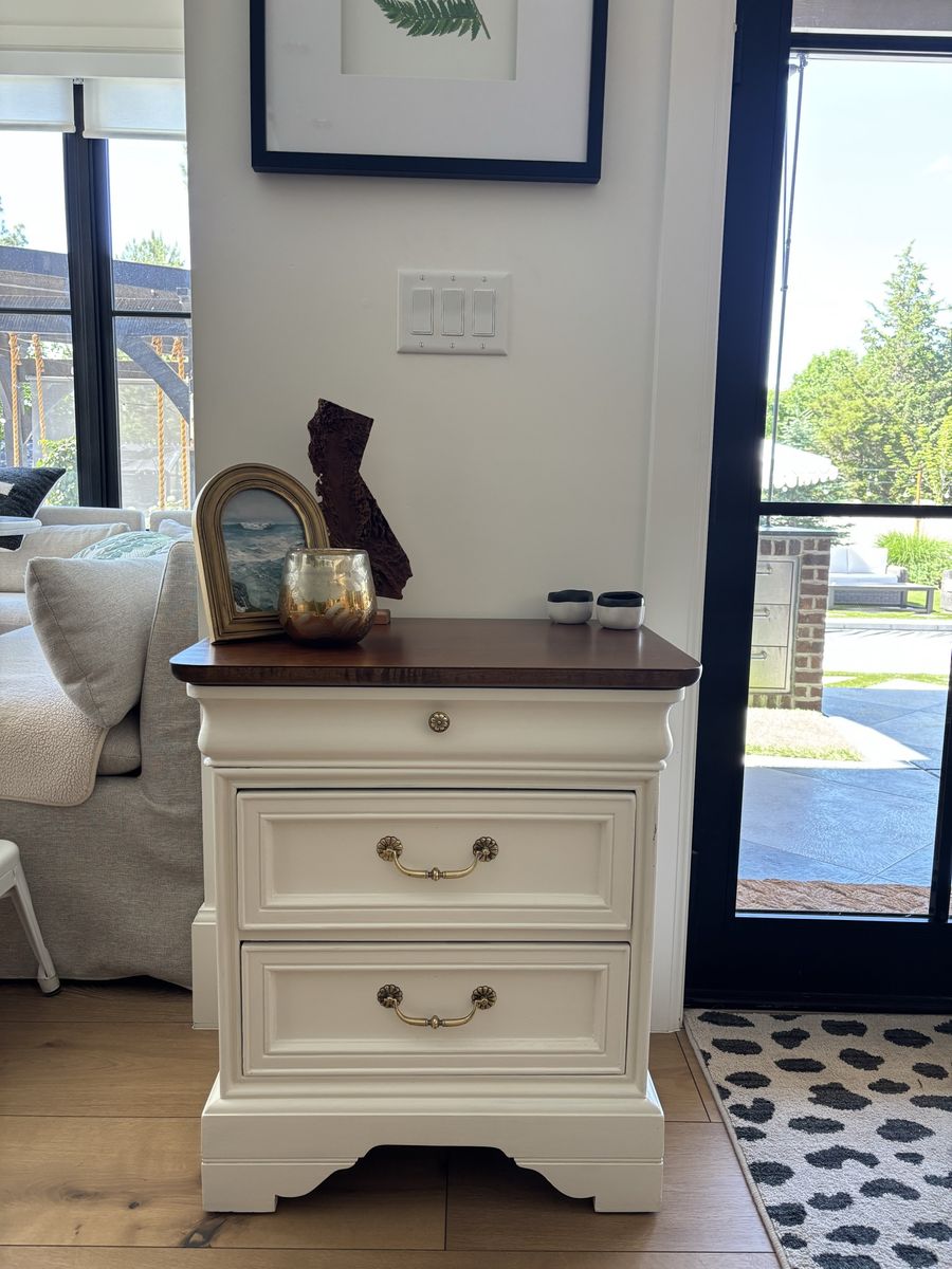 Solid Wood White Nightstand/Dresser | Dark Walnut Top | Brass Hardware | Farmhouse Style