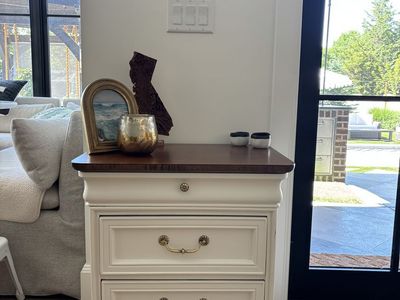 Solid Wood White Nightstand/Dresser | Dark Walnut Top | Brass Hardware | Farmhouse Style