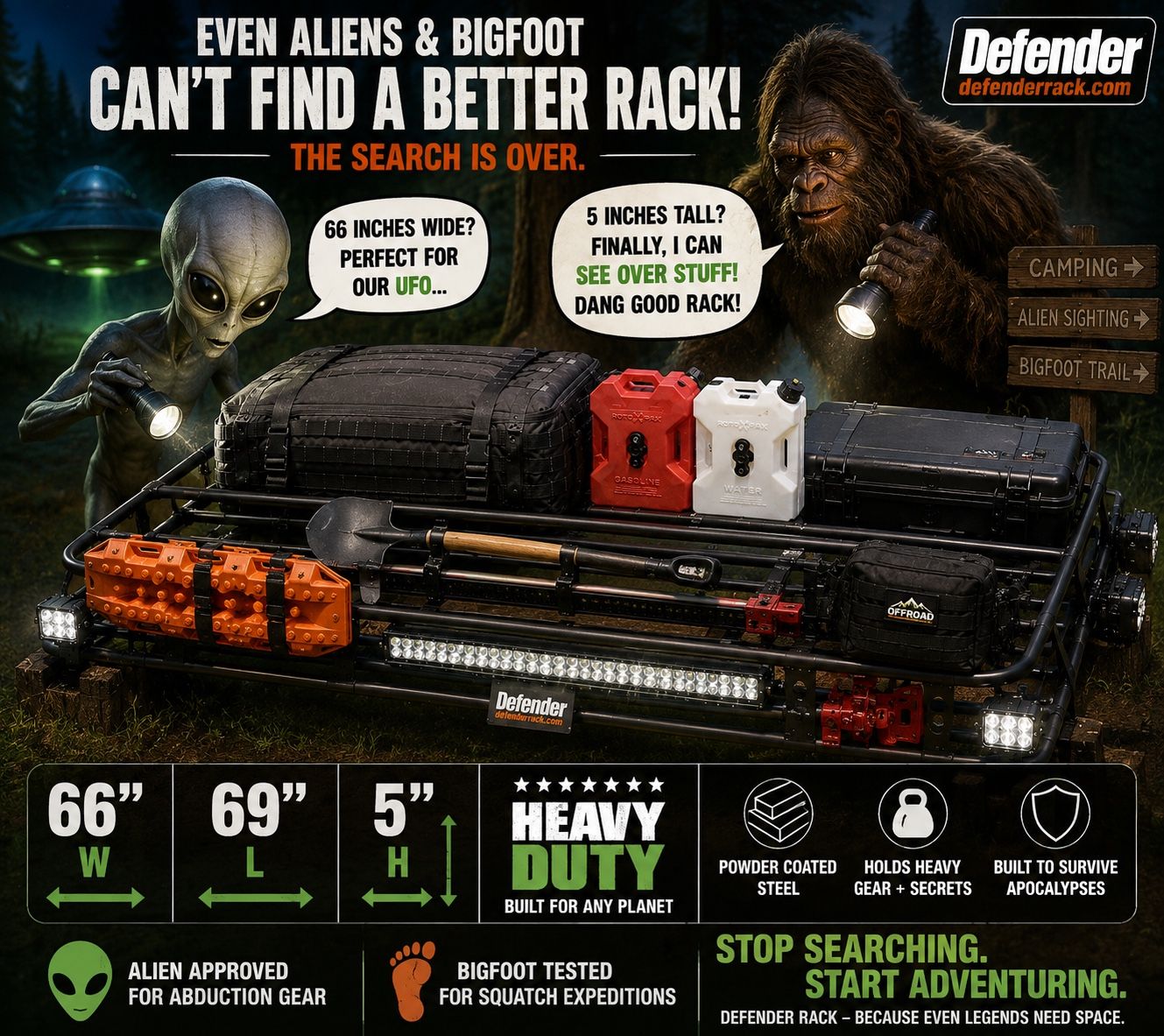 🦶 Bigfoot Approved. Alien Tested. Defender Roof Rack.