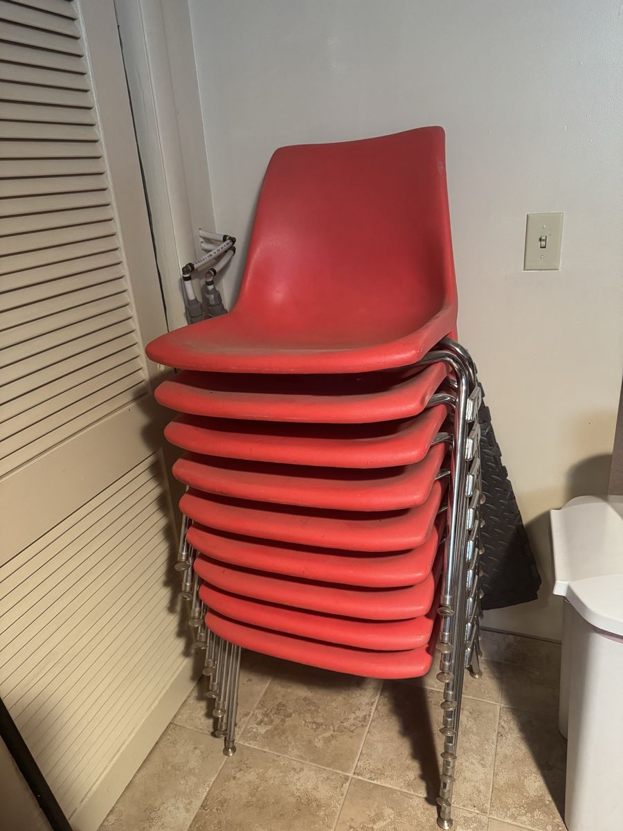 Stackable Red Plastic Shell Chairs with Metal Legs - Set of 9
