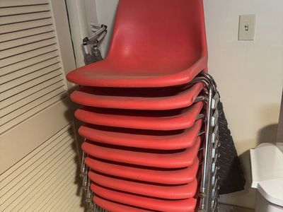 Stackable Red Plastic Shell Chairs with Metal Legs - Set of 9
