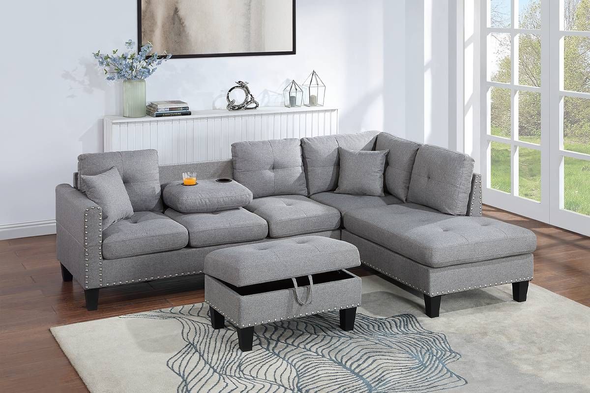 NEW Gray SECTIONAL with STORAGE OTTOMAN & PILLOWS