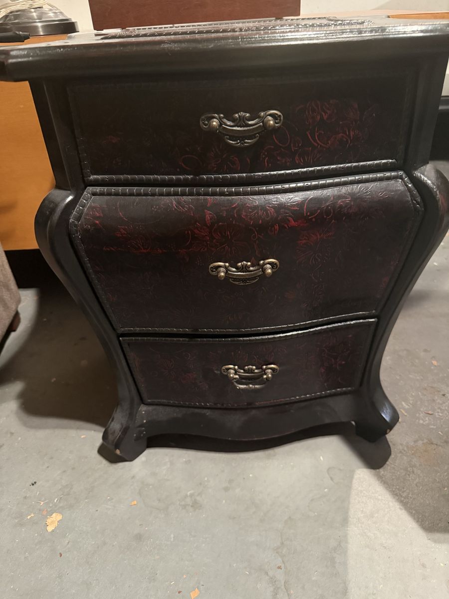 Vintage Style Black and Red Embossed Accent Nightstand End Table with 3 Drawers