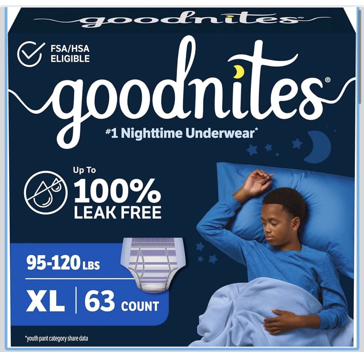Goodnites Boys Nighttime Underwear Size XL 63 Count (95-120 lbs)