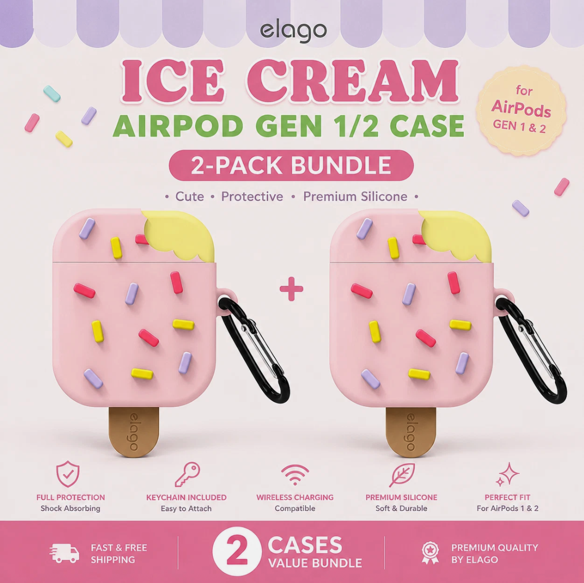 2-Pack elago Ice Cream AirPods Case Gen 1 2 Cover Shockproof Silicone w Keychain