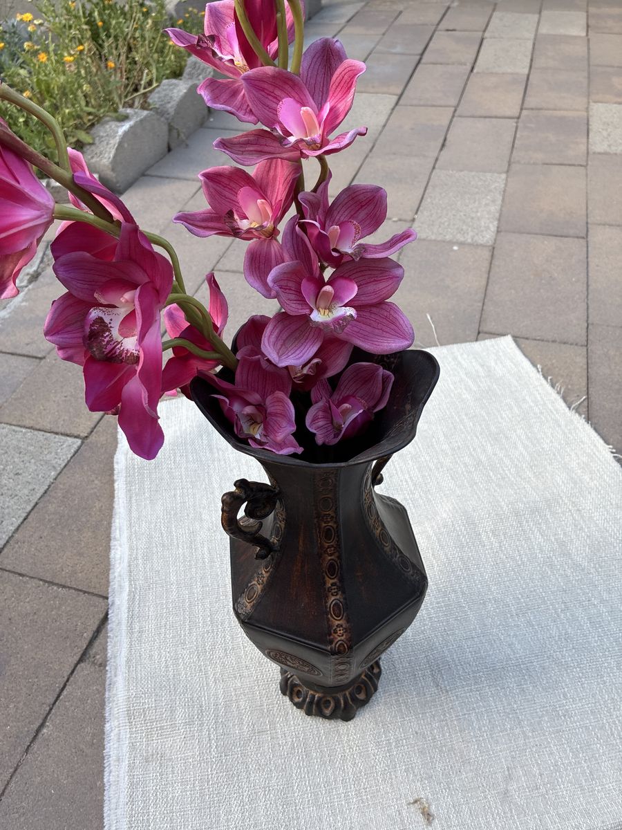Decorative Metal Vase with Artificial Pink Orchid Flowers