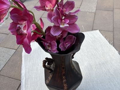 Decorative Metal Vase with Artificial Pink Orchid Flowers