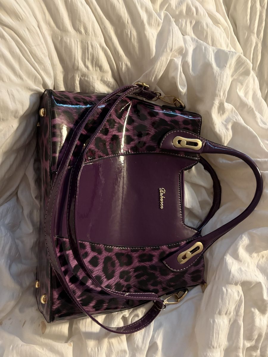Deboss Purple Leopard Print Patent Leather Handbag with Shoulder Strap