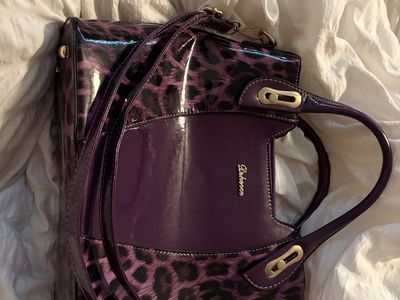 Deboss Purple Leopard Print Patent Leather Handbag with Shoulder Strap