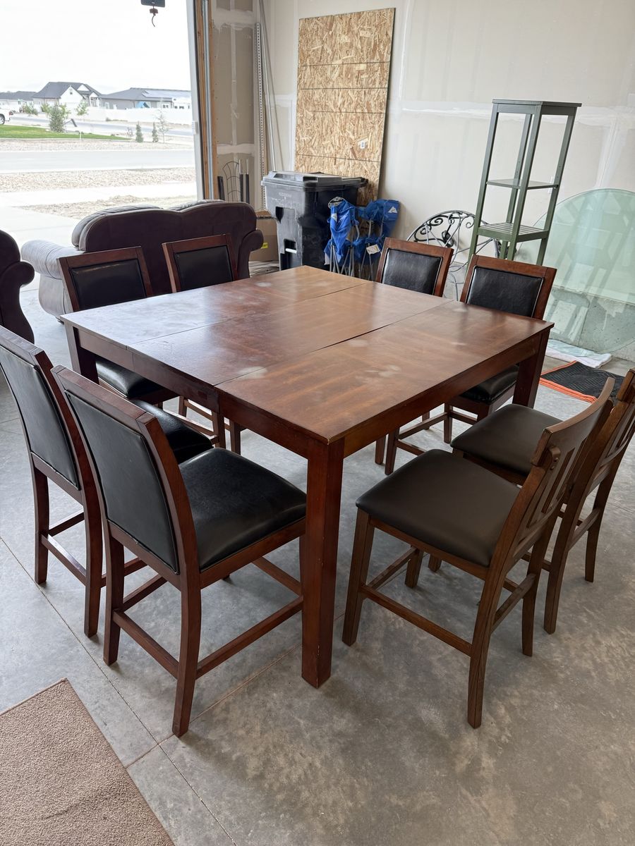 Square Wooden Counter-Height Dining Table with 8 Black Leatherette Chairs - Used