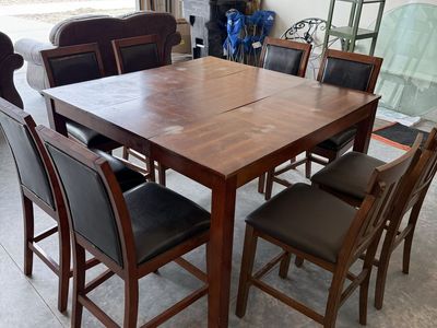 Square Wooden Counter-Height Dining Table with 8 Black Leatherette Chairs - Used