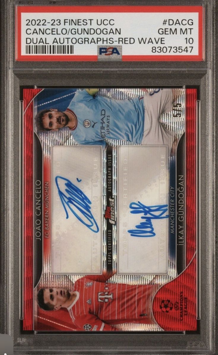2022-23 Finest UCC Cancelo/Gundogan Dual Autographs Red Wave /5 Soccer Card PSA 10