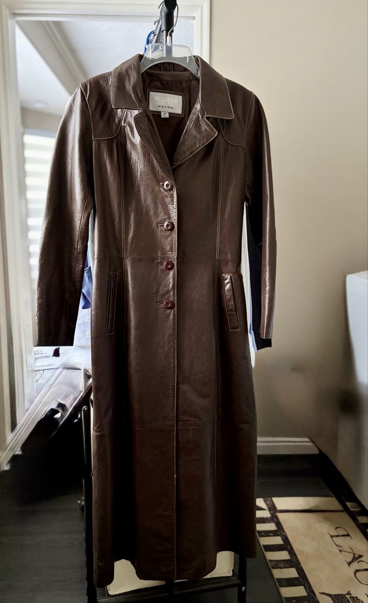 Maxima Brown Leather Trench Coat Women's Size M - Long Duster Jacket with Belt