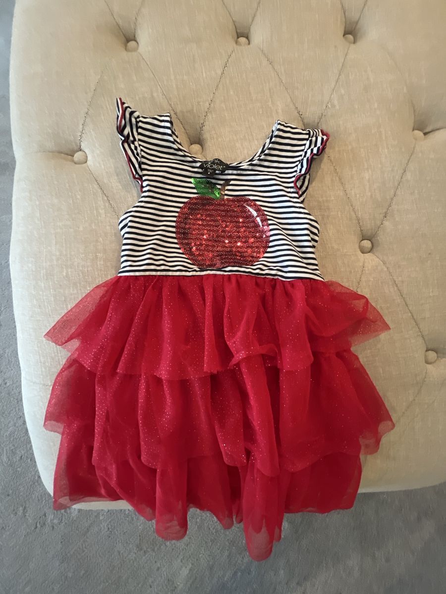Apple Sequin Ruffled Tulle Dress - Black/White Stripe & Red, Size 4