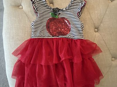 Apple Sequin Ruffled Tulle Dress - Black/White Stripe & Red, Size 4