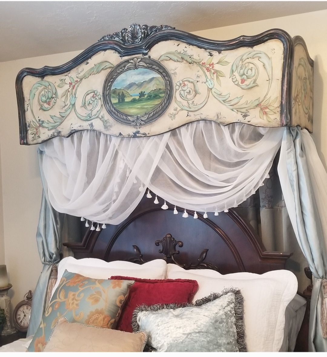 French Country Bed Crown Valance Handpainted European English Old World Cottegecore Shabby Chic