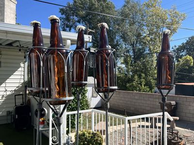Set of 6 Amber Glass Bottle Garden Torches with Metal Stakes