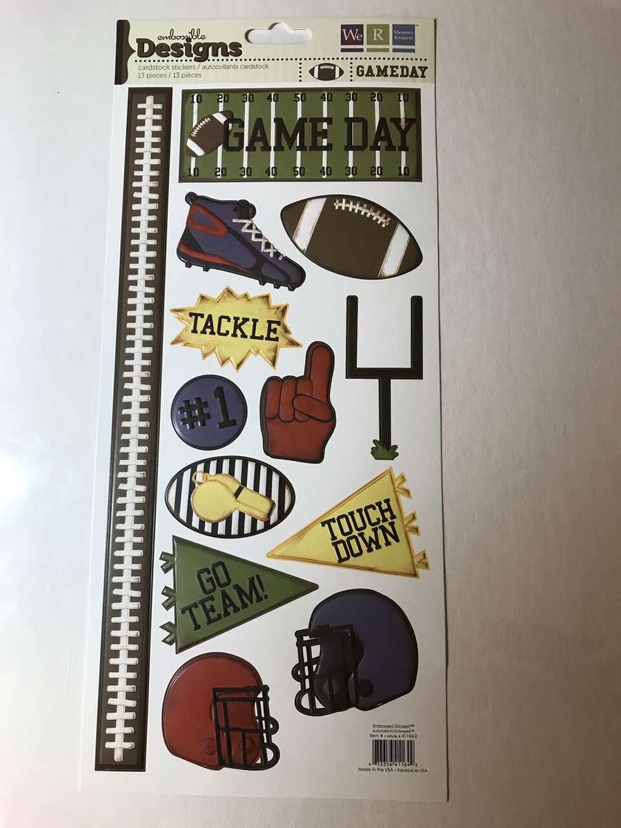 Lot of 5 Sheets, Gameday Embossible Designs Embossed Cardstock Stickers by We R Memory Keepers, New, 13 pcs per sheet, 12”x6”