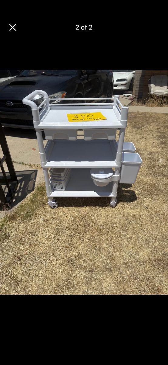White Multi-purpose Utility Cart with Storage Bins and Casters