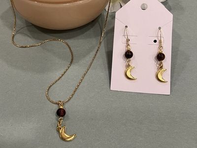 Gold Half Moon Pendant Necklace and Earrings